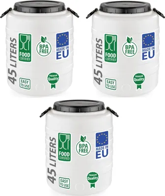 Produktbild von 3er Set Weithalsfass Fasssilage Gepäcktonne Gärfass Gärbehälter Futtertonne 45 Liter mit Deckel Druck weiß