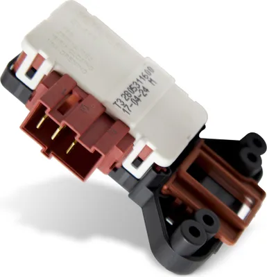 A close-up studio shot of a washing machine door lock mechanism.
