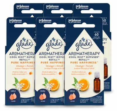 Imagen del producto de 6 unidades de recambio de ambientador Glade Aromatherapy, línea "Pure Happiness", con aroma a naranja y neroli, de 17,4 ml cada uno. Paquete económico