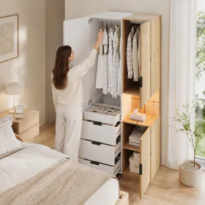 Imagen del producto de Armario STILVORA con iluminación LED, armario con puertas batientes y 2 barras para colgar, armario de dormitorio con 4 cajones, Imagen generada por IA