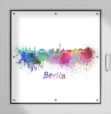 Produktbild von Wallario Lichtschutzbild, Dekorativer Sichtschutz Sonnenschutz 96 x 93 cm mit Motiv: Städte als Aquarell - Skyline von Berlin - Verdunklung ohne Bohren