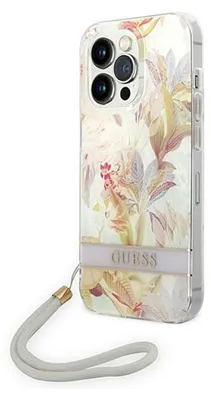 Produktbild von Guess Flower Cord - Tasche mit Umhängeband iPhone 14 Pro (lila)