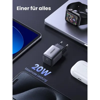 A UGREEN 20W charger is shown alongside a tablet, a smartwatch, and wireless earbuds, suggesting its versatility for charging multiple devices.