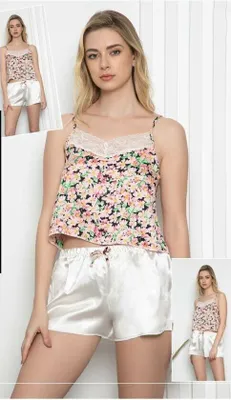 Produktbild von Damen Pyjama Satin Weiß XL Shorty Kurz Schlafanzug 2 Teiler C-94