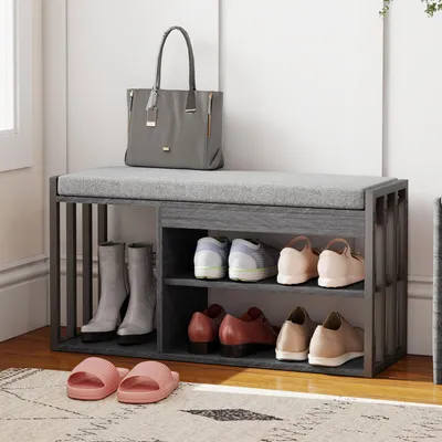 Produktbild von Schuhbank mit Sitzkissen, Schuhregal 3 Ebenen, Flurregal Sitzbank, Grau | 86 x 30 x 45,4 cm | 5 cm Polster | bis 129 kg