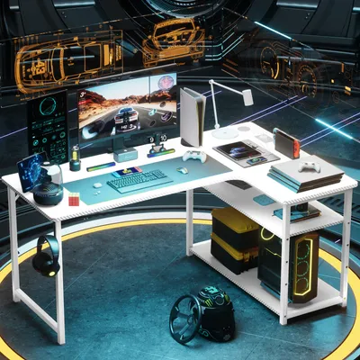Produktbild von COMHOMA Schreibtisch Gaming Tisch mit Regal, Eckschreibtisch mit USB-Ladeanschluss und Steckdose, 120cm Computertisch L Form, PC Tisch für Büro, Heimb
