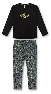Image de Pyjama pour fille Sanetta, manches longues - Adolescentes, motif "Queen of Everything", imprimé léopard, jersey simple, coton, noir/vert, taille 176