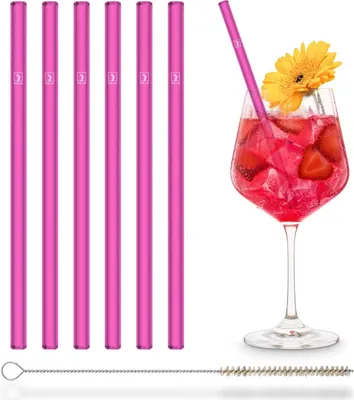 Produktbild von HALM Pinke NEON Glasstrohhalme 6 Stück 20 cm 6 Neon,+ plastikfreie Reinigungsbürste - Spülmaschinenfest - Nachhaltig - Glastrinkhalme Glasstrohalme für Long-Drinks, Smoothies, Saft