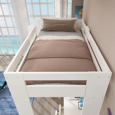 Produktbild von Flieks Etagenbett 90x200cm mit Schrank und Schreibtisch, Hochbett Kinderbett mit Ladefunktion, Stockbett Einzelbett Holzbett mit Rausfallschutz, Weiß