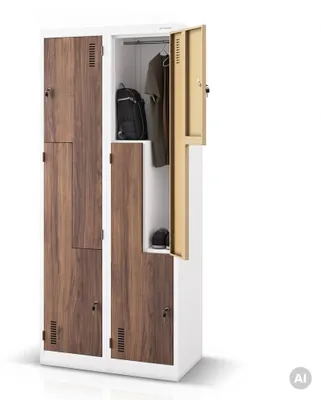 Produktbild von Jan Nowak Umkleideschrank Z02 Spind mit 4 Abteilen Kleiderspind Metallschrank Flügeltür Lüftungsschlitzen Pulverbeschichtung 185 cm x 80 cm x 45 cm weiß/Nussbaum