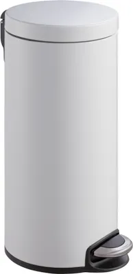 A white pedal trash can with a silver pedal is shown against a white background.