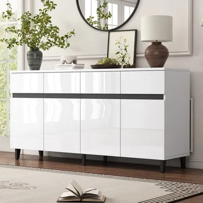 Produktbild von okwish Hochglanz Sideboard, Kommoden Highboard, Schubladenkommoden mit 4 Schubladen2 Türen und höhenverstellbaren Regalböden, weiß, 160*40*68cm