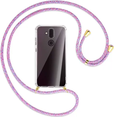 Produktbild von Handykette Backcover-Schutzhülle mit Band (Metall goldfarben) für Nokia 8.1 - lila/rosa/blau
