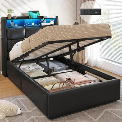 Produktbild von Polsterbett 90x200 mit Bettkasten,LED Beleuchtung und Steckdosenleiste Bettgestell 90x200 mit Lattenrost Jugendbett Bettrahmen Erwachsene mit Stauraum Kopfteil und USB-Anschlüsse,Schwarz