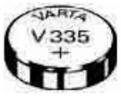 A close-up, black and white illustration of a VARTA V335 silver-oxide watch battery.