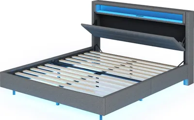 Produktbild von okwish Polsterbett Doppelbett 160 x 200 cm mit USB-Ladeanschluss und LED-Beleuchtung, Funktionelles Stauraumbett mit Kopfteil mit Stauraum(Ohne Matratze)- Grau