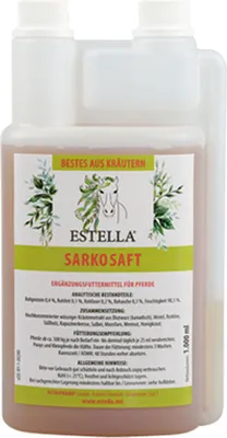 A bottle of Estella Sarkosaft supplement for horses.