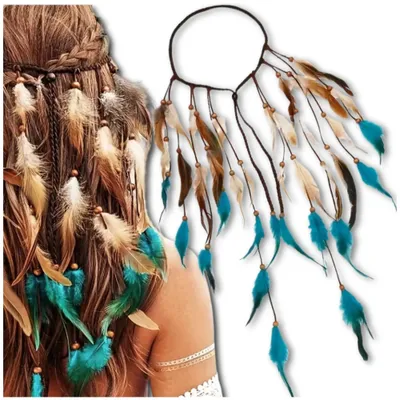 Image de Bandeau boho avec plumes artificielles bleues sur dentelle