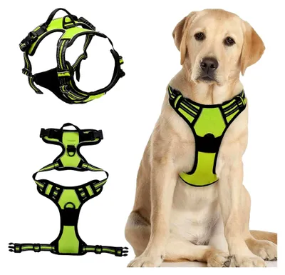 Produktbild von Hundegeschirr für große Hunde, Anti-Zug Geschirr mit Reflexstreifen, verstellbar, Brustgeschirr für mittelgroße Hunde, Grün, L
