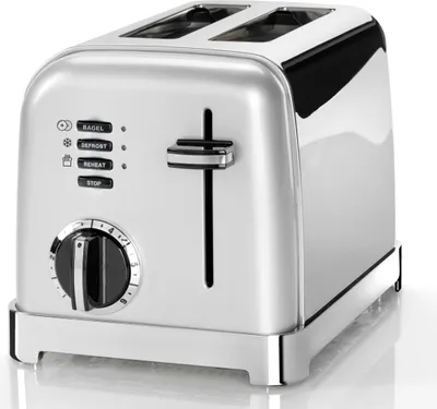 A studio shot of a silver toaster on a white background.