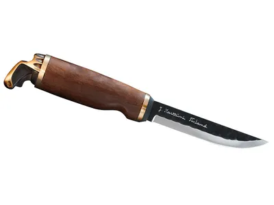 Produktbild von Marttiini Sammlermesser Elch, nicht-rostfreier Kohlenstoffstahl,, Holzgriff, Bronze-Elchkopf, Lederscheide, Holzbox