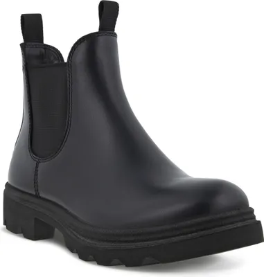 A black leather Chelsea boot with a thick sole is shown against a white background.