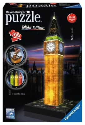 The image shows the packaging for a Ravensburger 3D puzzle of Big Ben at night. The packaging features a prominent image of the completed puzzle, illuminated to simulate nighttime.