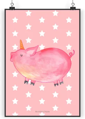 Produktbild von Mr. & Mrs. Panda Bild Einhorn Schwein DIN A5 - Rot Pastell - Geschenk, English, drucke, Kunstdruck, Unicorn, Wanddekoration, Einhörner, wanddeko, Wandbild, Spruch