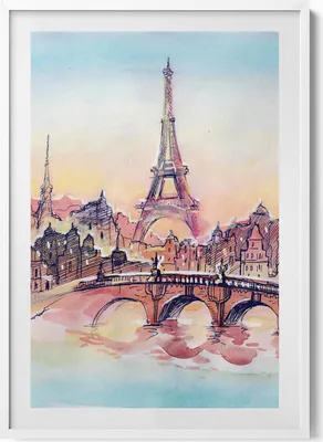 Produktbild von Gemalte Ansicht von Paris– Wandbild mit Rahmen – Gerahmtes Bild  – Wanddekoration – 70x100 cm –  Weiß Rahmen