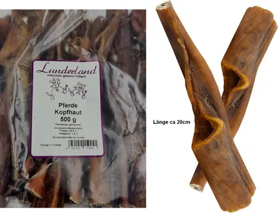 Produktbild von Lunderland Pferdekopfhaut 500g für Hunde / Pferdehaut getrocknet ca. 20cm