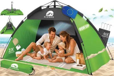 Zdjęcie produktu dla ELONEO – rozkładany namiot plażowy z ochroną UV 80+, łatwy montaż, kompaktowy, z torbą transportową, osłona przeciwsłoneczna i wiatrochronna dla dzieci i dorosłych – XL zielony