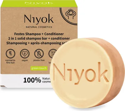 Produktbild von Niyok 2-in-1 Festes Shampoo + Conditioner "Green Touch" (80g), Vegane Haarseife, Nachhaltiges Shampoo & Spülung,Haarshampoo & Haarspülung