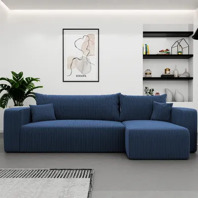 Produktbild von Ecksofa L-Form Castelo Poso 05 Kobaltblau Cord mit Schlaffunktion und Bettkasten