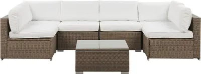 Produktbild von BELIANI Gartenmöbel Set Braun Polyrattan Aluminium 6-Sitzer Auflagen Weiß Polyester Terrasse Outdoor Minimalistisch Modern