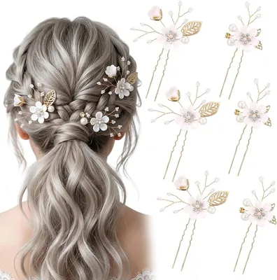 Produktbild von 6 Haarnadeln für die Hochzeit mit Blumen und Perlen für die Braut