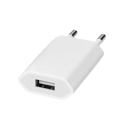 A white USB-A charger adapter with a USB-A port and two prongs for plugging into an electrical outlet.