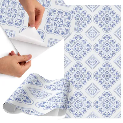 Produktbild von Möbelfolie 65x130 cm - Klebefolie Möbel - Selbstklebende Folie - Folie für Möbel - Möbelfolie Küche - Klebefolie Küche - Möbelfolie Schrank - Wasserdicht - Abwaschbar - Selbstklebend - Luftblasenfrei - Rückstandslos entfernbar - Blaues Muster
