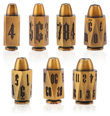 Produktbild von Lapi Toys DnD Würfelset Runic Caliber – 7 polyedrische RPG Würfel aus Metall – Gold