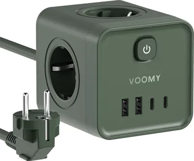 A green VOOMY power strip with multiple outlets and USB ports, shown with its plug.