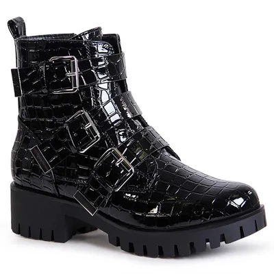 Produktbild von topschuhe24 1661 Damen Plateau Stiefeletten Worker Boots, Farbe:Snake Black, Größe:38 EU