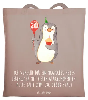 Produktbild von Mr. & Mrs. Panda Jutebeutel 70. Geburtstag Pinguin Luftballon - Braun Pastell - Geschenk, Tote Bag, Laptoptasche, Tasche, Geburtstagsgeschenk, Geburtstagsfeier, Uni