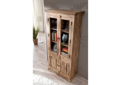 Produktbild von MASSIVMOEBEL24 Vitrine Sheesham 90x40x190 grau geölt LEEDS #47