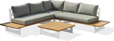 Image de Salon de jardin 5 places en aluminium et plateau imitation bois
