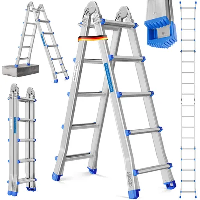 Image de Échelle polyvalente MASKO en aluminium 6 en 1 – 20 échelons | - 520 cm | 150 kg, télescopique, antidérapante, multifonctionnelle, échelle articulée, échelle d'appui, échelle pliante, utilisable des deux côtés comme échelle double et échelle d'escalier