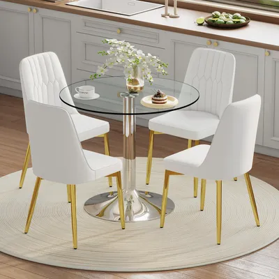 Produktbild von STILVORA Essgruppe mit 85 cm Sicherheitsglasplatte für Esszimmer und Küche, Esstisch-Set mit 4 weißen PolyurethanEsszimmerstühlen und goldfarbenen Stützbeinen, Esstisch mit minimalistischem modernem Design