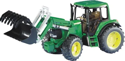 A toy tractor with a front loader.