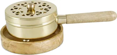 Produktbild von Räucherpfanne Messing Golg mit Holz Untersetzer Weihrauch Baumharze Kräuter 2217
