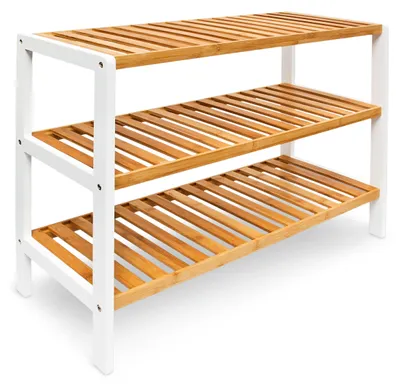 Productafbeelding van Relaxdays schoenenrek van bamboe, hoogte x breedte x diepte: 54,5 x 70 x 24,5 cm, 3 planken voor 9 paar schoenen, schoenenopslag, naturel/wit