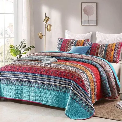 Produktbild von Ibenzoa® Boho-Bettbezug-Set 3-tlg. – Mikrofaser-Bettwäsche 198,1×228,6 cm + 2 Kissenbezüge 50,8×71,1 cm, blau gestreift, weich & leicht
