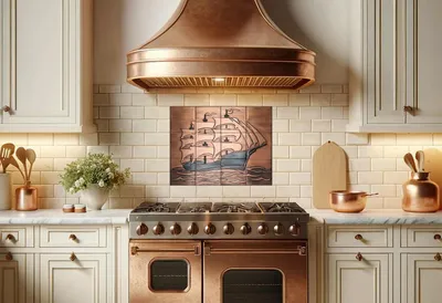 Obrázek produktu pro CopperAndCraft měděný nástěnný panel 100x75 cm, nástěnná dekorace, ruční výroba, z pravé mědi, čistá měď, motiv plachetnice, námořní design